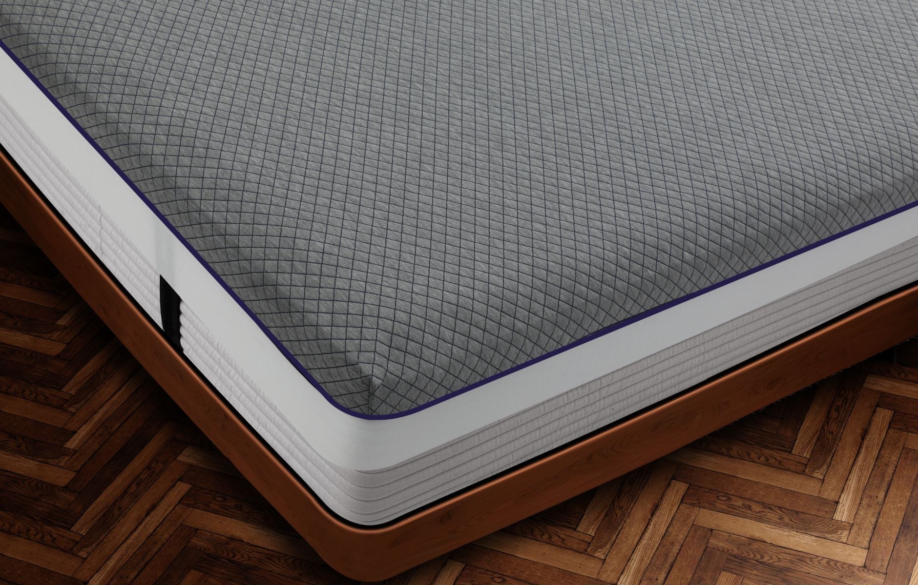 Close-up corner view of Durfi Advance Mattress Protector with light grey diamond-quilted fabric and distinctive purple piping fitted snugly over a mattress on a warm brown wooden bed frame with herringbone parquet flooring