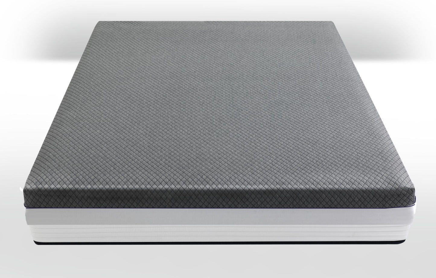 Durfi Advance Mattress Protector shown as a standalone product in an angled view featuring a dark charcoal grey fine diamond-quilted top and side cover with white ribbed mattress base on a white background