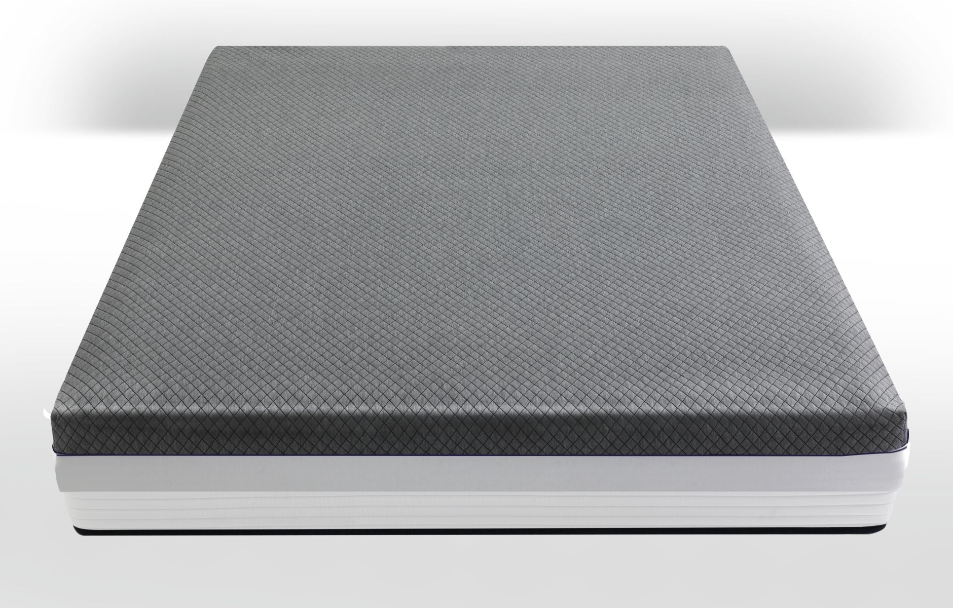 Durfi Advance Mattress Protector shown as a standalone product in an angled view featuring a dark charcoal grey fine diamond-quilted top and side cover with white ribbed mattress base on a white background