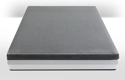 Durfi Advance Mattress Protector shown as a standalone product in an angled view featuring a dark charcoal grey fine diamond-quilted top and side cover with white ribbed mattress base on a white background