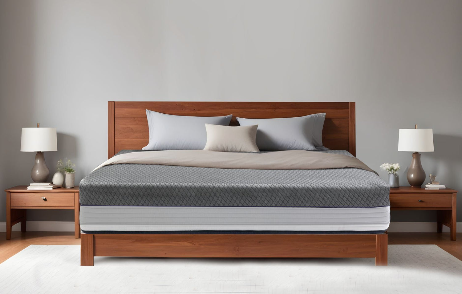 Durfi Advance Mattress Protector with grey diamond-quilted surface fitted over a mattress on a warm walnut wood bed frame in a minimal grey bedroom with matching wooden nightstands and ceramic table lamps