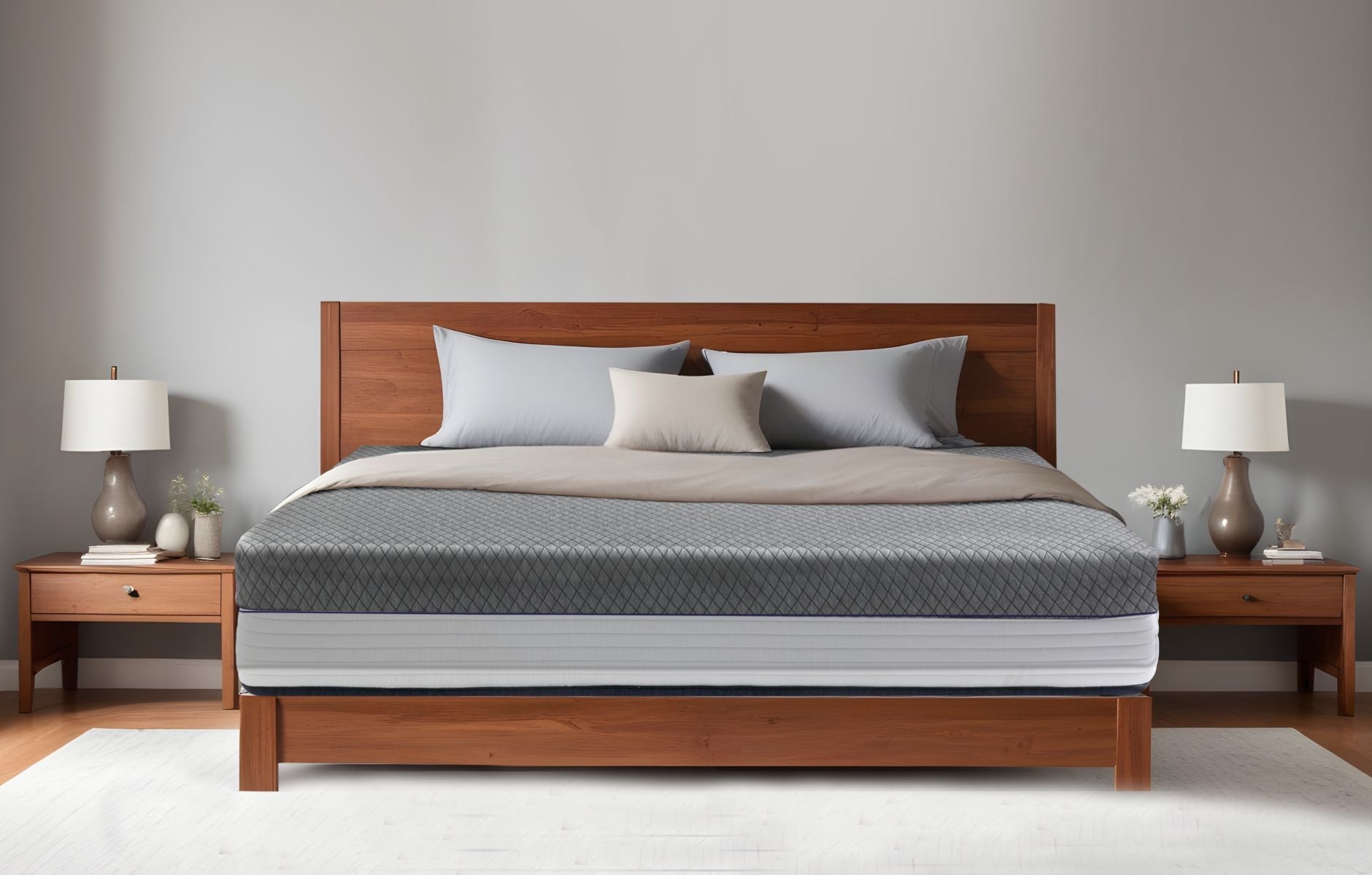 Durfi Advance Mattress Protector with grey diamond-quilted surface fitted over a mattress on a warm walnut wood bed frame in a minimal grey bedroom with matching wooden nightstands and ceramic table lamps