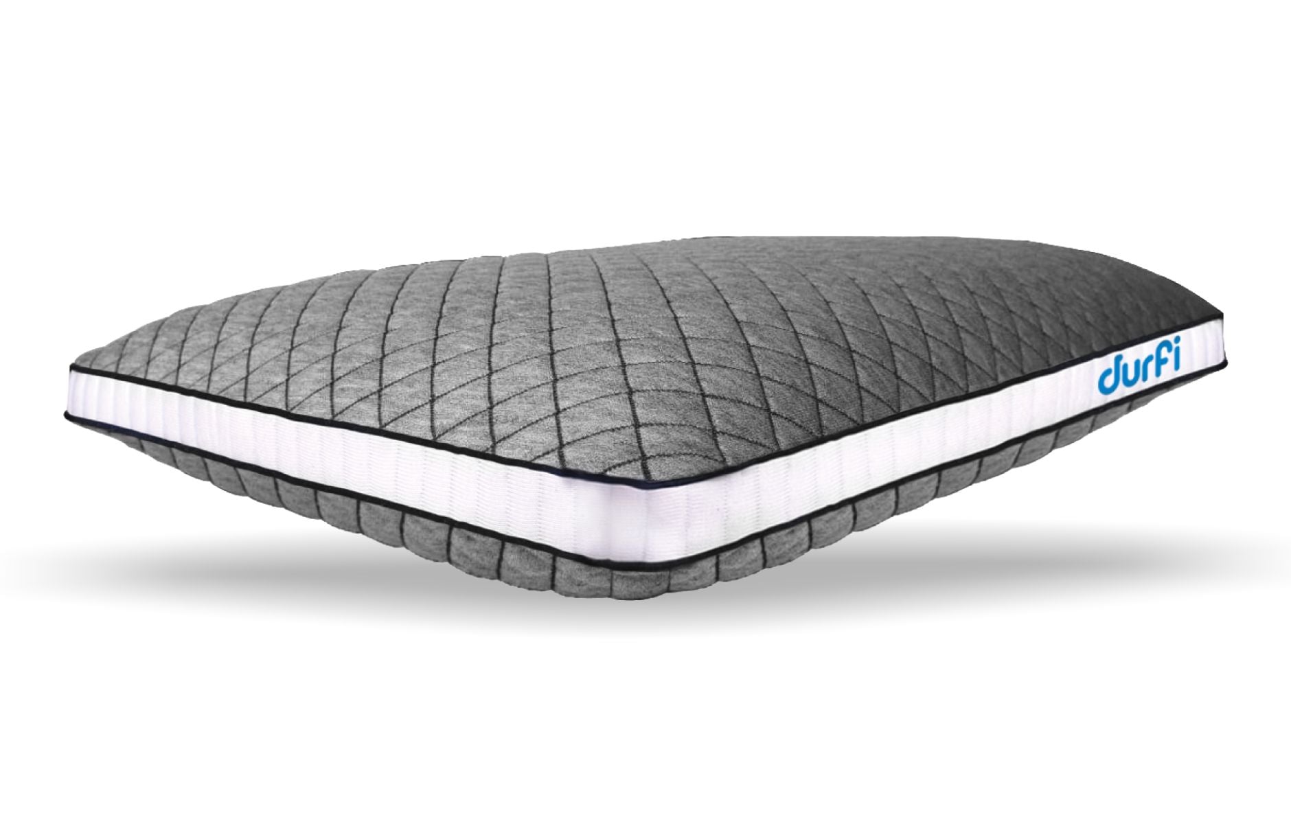 Durfi Dual Comfort Pillow standalone angled product view showing dark grey diamond-quilted fabric cover with white ribbed side band and Durfi branding on a white background