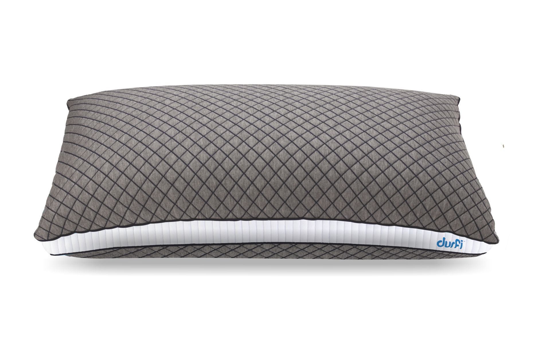 Side profile view of Durfi Dual Comfort Pillow displaying the full grey diamond-quilted surface, white ribbed gusset, and Durfi logo on a clean white background