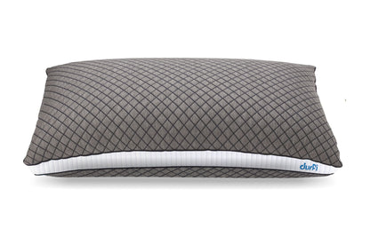 Side profile view of Durfi Dual Comfort Pillow displaying the full grey diamond-quilted surface, white ribbed gusset, and Durfi logo on a clean white background