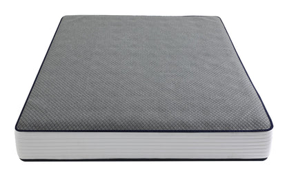 Durfi Essential Mattress Protector shown as a standalone angled product view featuring a grey diamond-quilted top surface with navy blue piping and white ribbed sides on a white background