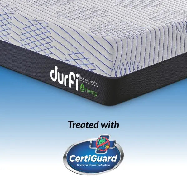 Close-up corner view of Durfi Hemp Natural Comfort Mattress with CertiGuard Certified Germ Protection badge highlighting its antibacterial treatment