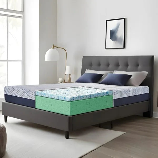 Cross-section view of Durfi Hemp Hempseed Oil Mattress on a grey tufted bed revealing the Cotton Candy Memory Foam and Green Orthopedic Support Foam layers