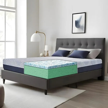 Cross-section view of Durfi Hemp Hempseed Oil Mattress on a grey tufted bed revealing the Cotton Candy Memory Foam and Green Orthopedic Support Foam layers