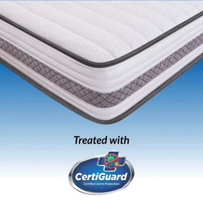 Close-up corner view of Durfi Hybrid Pocket Spring Mattress with CertiGuard Certified Germ Protection badge highlighting its antibacterial fabric treatment