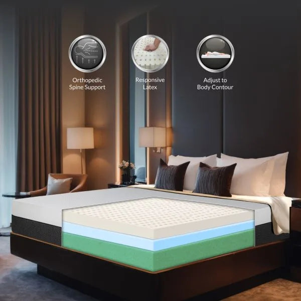 Durfi Natural Latex Ortho Mattress cross-section view in a luxury bedroom setting with feature icons highlighting Orthopedic Spine Support, Responsive Latex, and Body Contouring