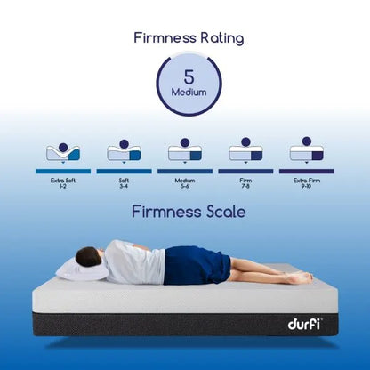 Durfi Natural Latex Ortho Mattress firmness rating infographic showing a Medium firmness score of 5 on a scale from Extra Soft to Extra Firm, with a person lying on the mattress demonstrating the comfort level