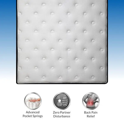 Top-down view of Durfi Ortho Flex Hybrid Mattress tufted white quilted surface with feature icons highlighting Advanced Pocket Springs, Zero Partner Disturbance, and Back Pain Relief