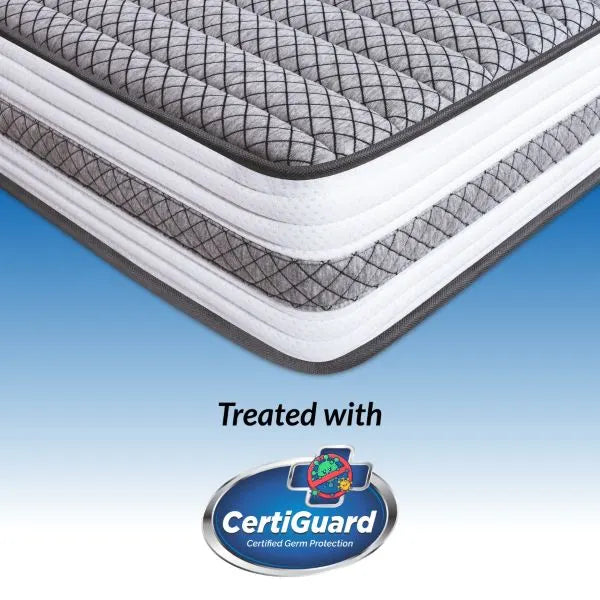 Close-up corner view of Durfi Ortho Memory Foam Mattress with CertiGuard Certified Germ Protection badge highlighting its antibacterial fabric treatment