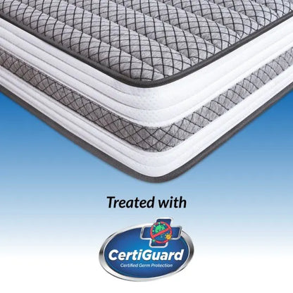 Close-up corner view of Durfi Ortho Memory Foam Mattress with CertiGuard Certified Germ Protection badge highlighting its antibacterial fabric treatment