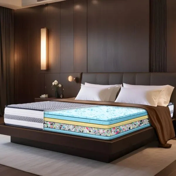Cross-section view of Durfi Ortho Memory Foam Mattress on a bed revealing its multi-layer foam construction including memory foam, ortho foam, and comfort layers