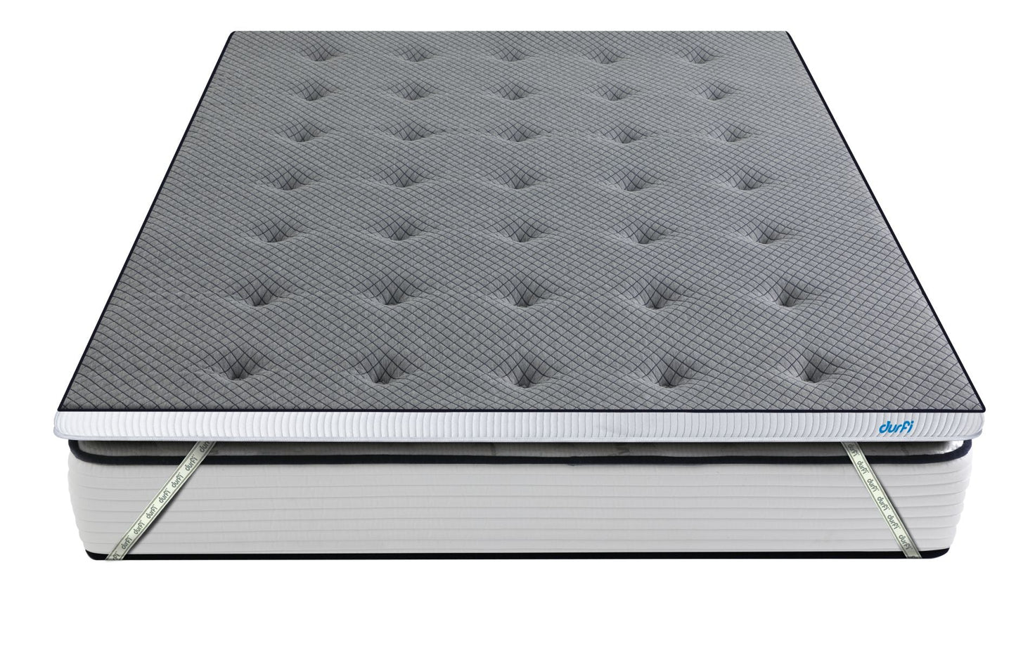 Durfi Soft Mattress Topper standalone product view featuring a dark grey tufted diamond-quilted top surface with elastic corner straps, shown fitted over a white mattress base on a white background