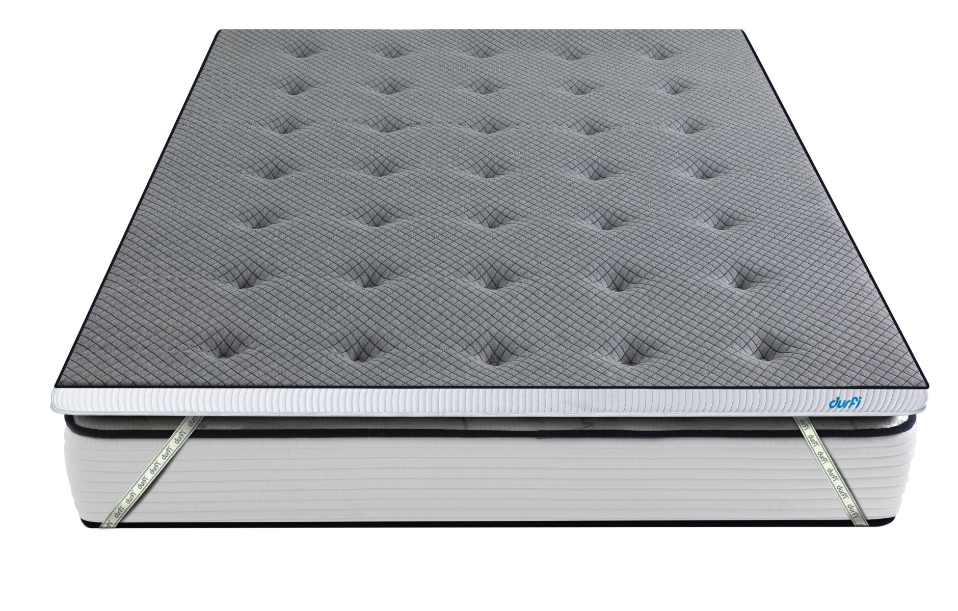 Durfi Soft Mattress Topper standalone product view featuring a dark grey tufted diamond-quilted top surface with elastic corner straps, shown fitted over a white mattress base on a white background