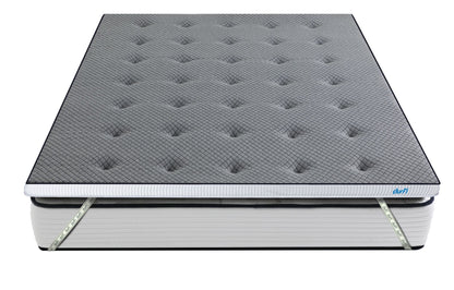 Durfi Soft Mattress Topper standalone product view featuring a dark grey tufted diamond-quilted top surface with elastic corner straps, shown fitted over a white mattress base on a white background
