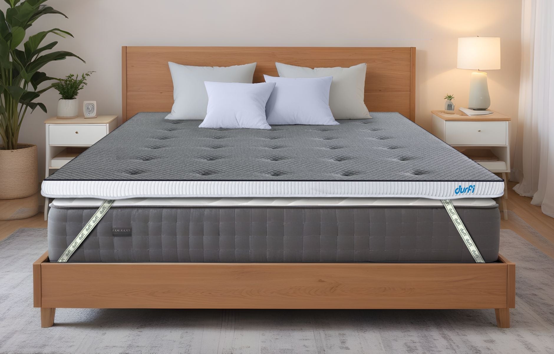 Durfi Soft Mattress Topper with grey tufted quilted surface placed over a mattress on a natural wood bed frame in a bright Scandinavian-style bedroom with indoor plants and white nightstands